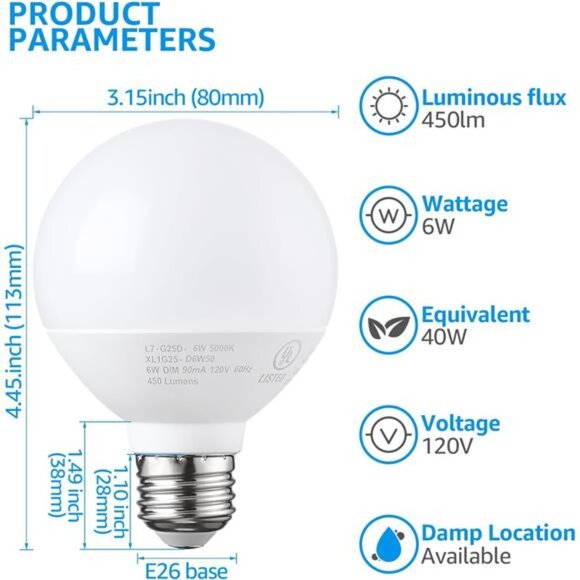 G25 LED Globe Bulb, for Bathroom Vanity or Mirror, 40W Equivalent 6W, Dimmable - Picture 2 of 14